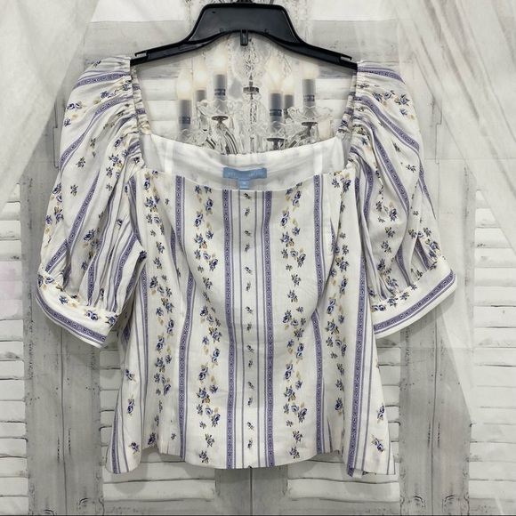 Antonio Melani Size 14 Square Neck Linen Floral Striped Blouse White Blue Boxy - Picture 6 of 9
